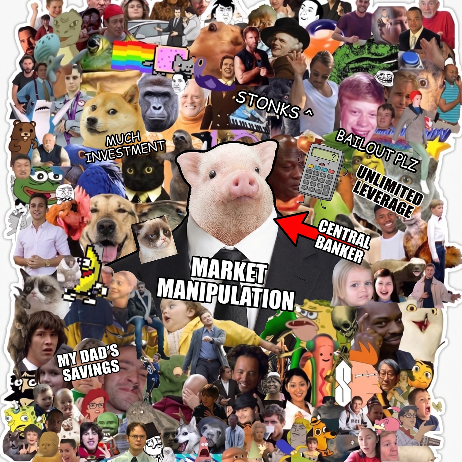 Meme collage with SUIT in the middle labelled market manipulation