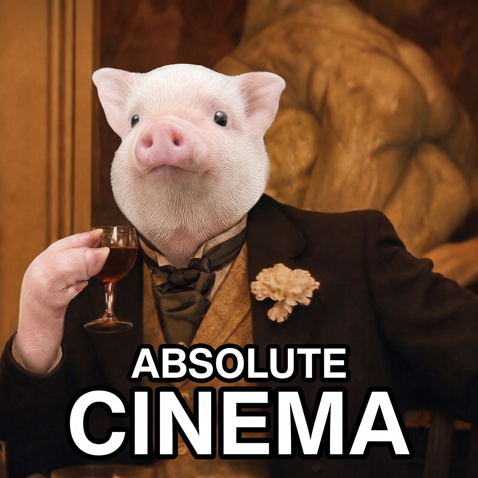 SUIT in a velvet jacket holding a glass of wine, captioned absolute cinema
